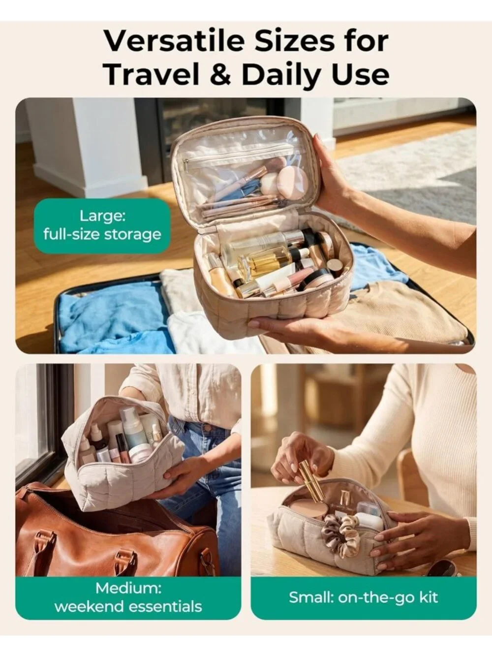 Travel Makeup Organizer Set, 3 Pcs Padded Cosmetic Bags, Large Toiletry Case